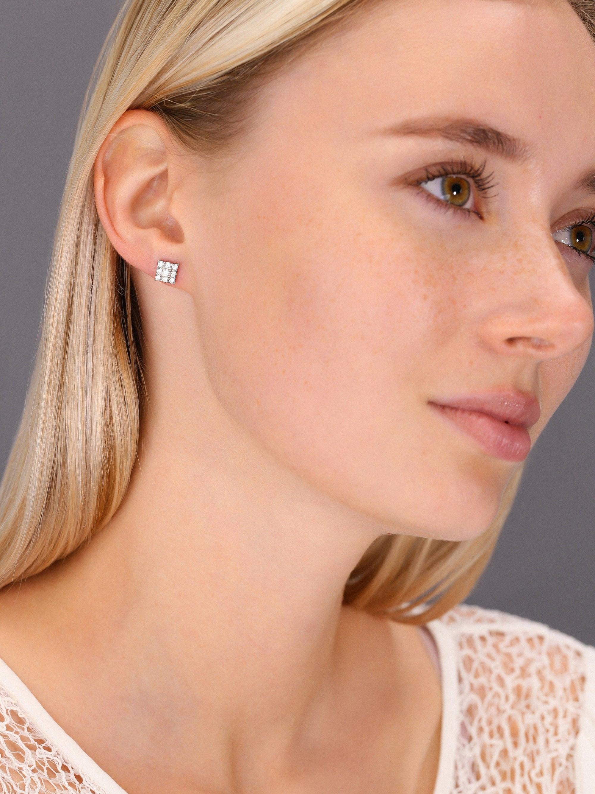 Stylish CZ Square Stud Earrings in Sterling Silver – Unisex Diamond Shape Design.