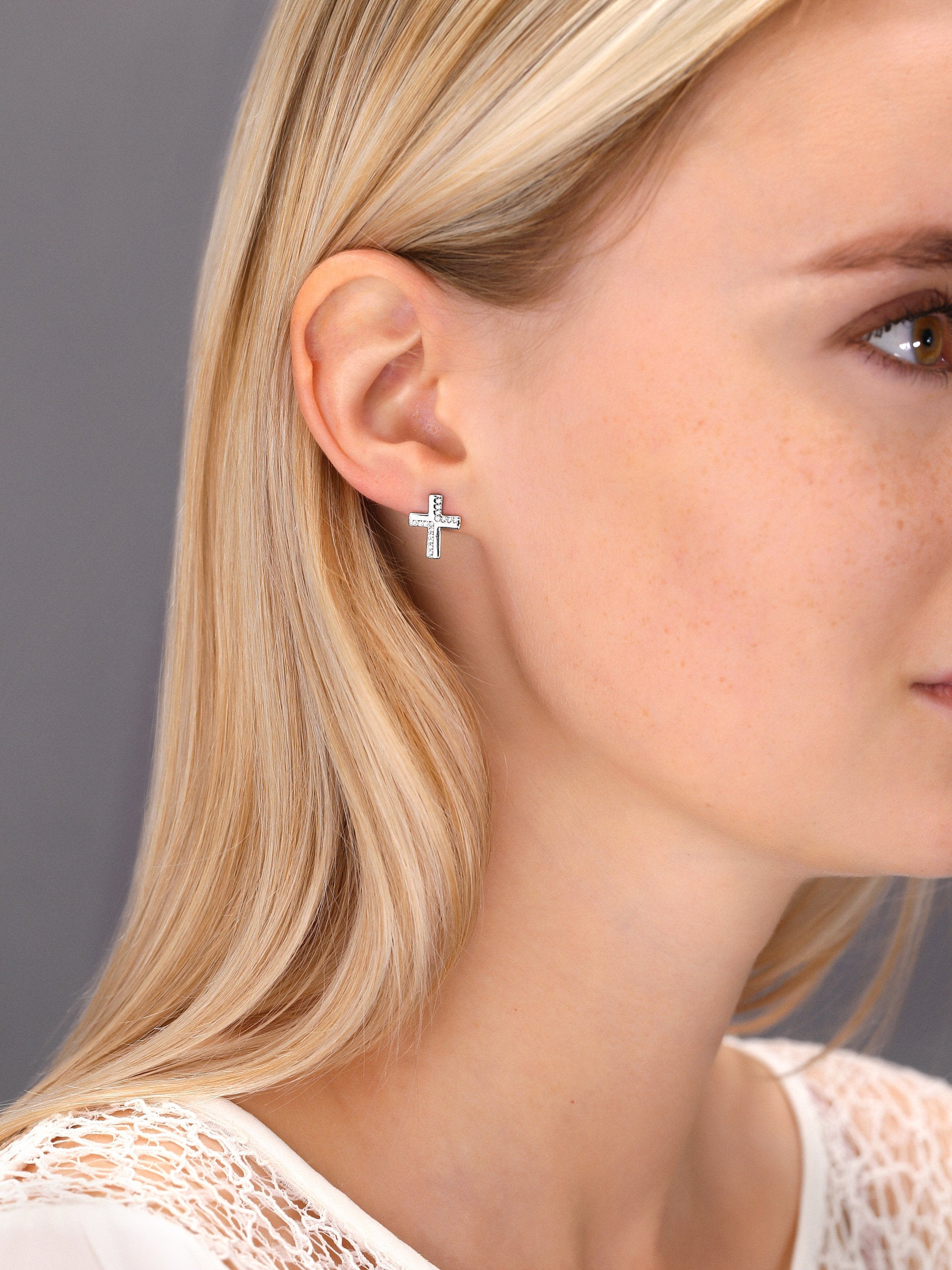 CZ Cross Stud Earrings in Sterling Silver