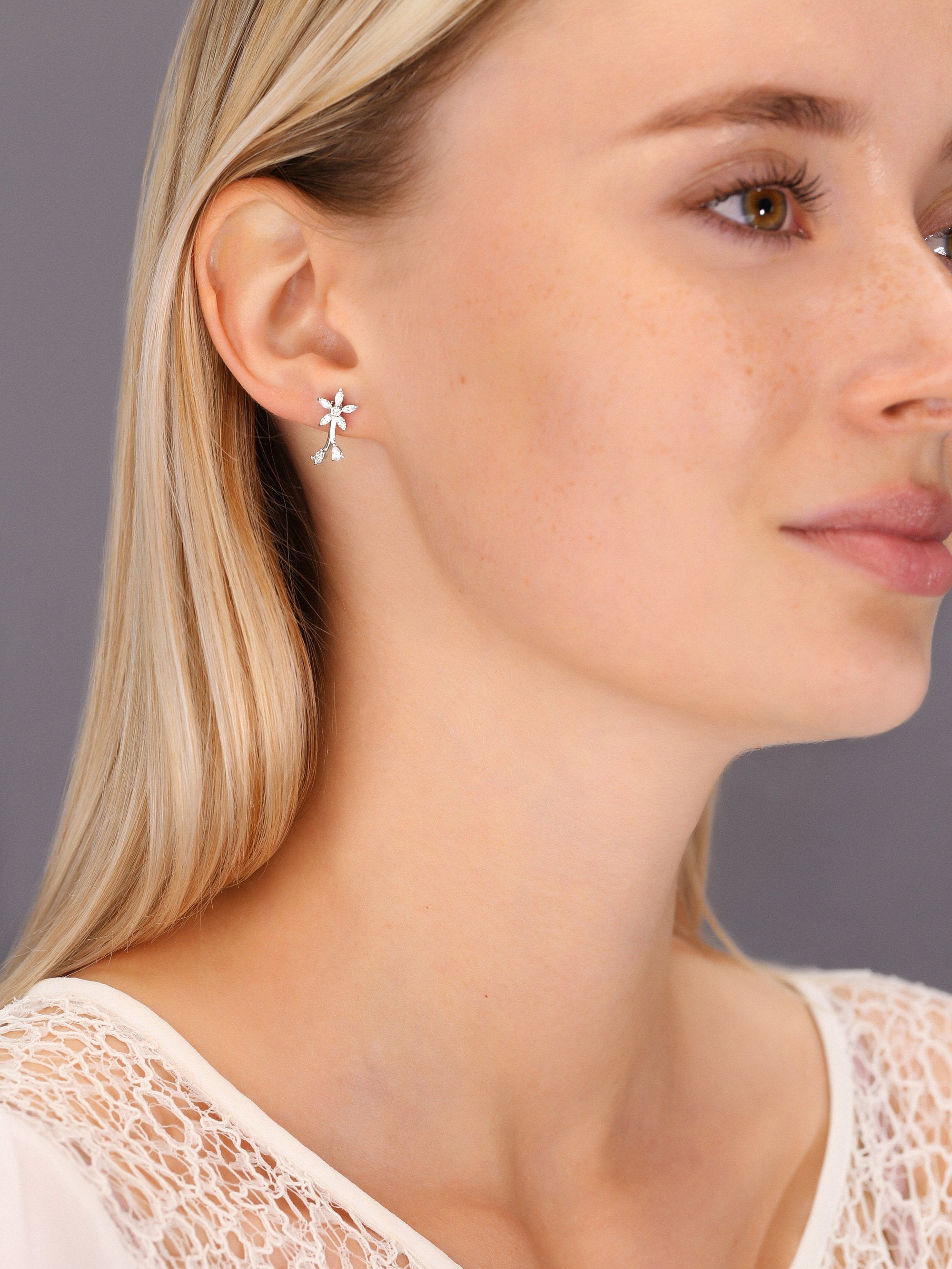 CZ Daisy Flower Stud Earrings, Two Leaf in Sterling Silver