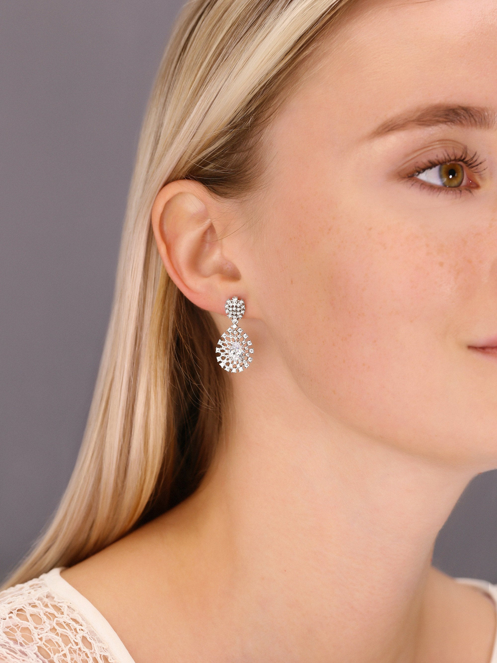 CZ Royal Teardrop Stud Earrings, Dangle Bridal Jewelry, Boho in Sterling Silver