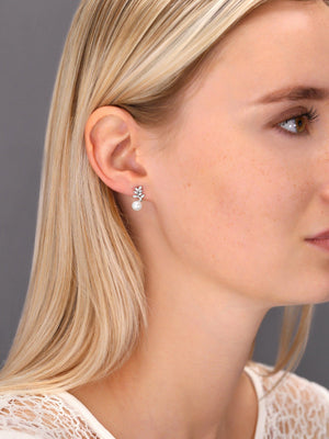 Elegant Sterling Silver CZ Floral Pearl Stud Earrings.