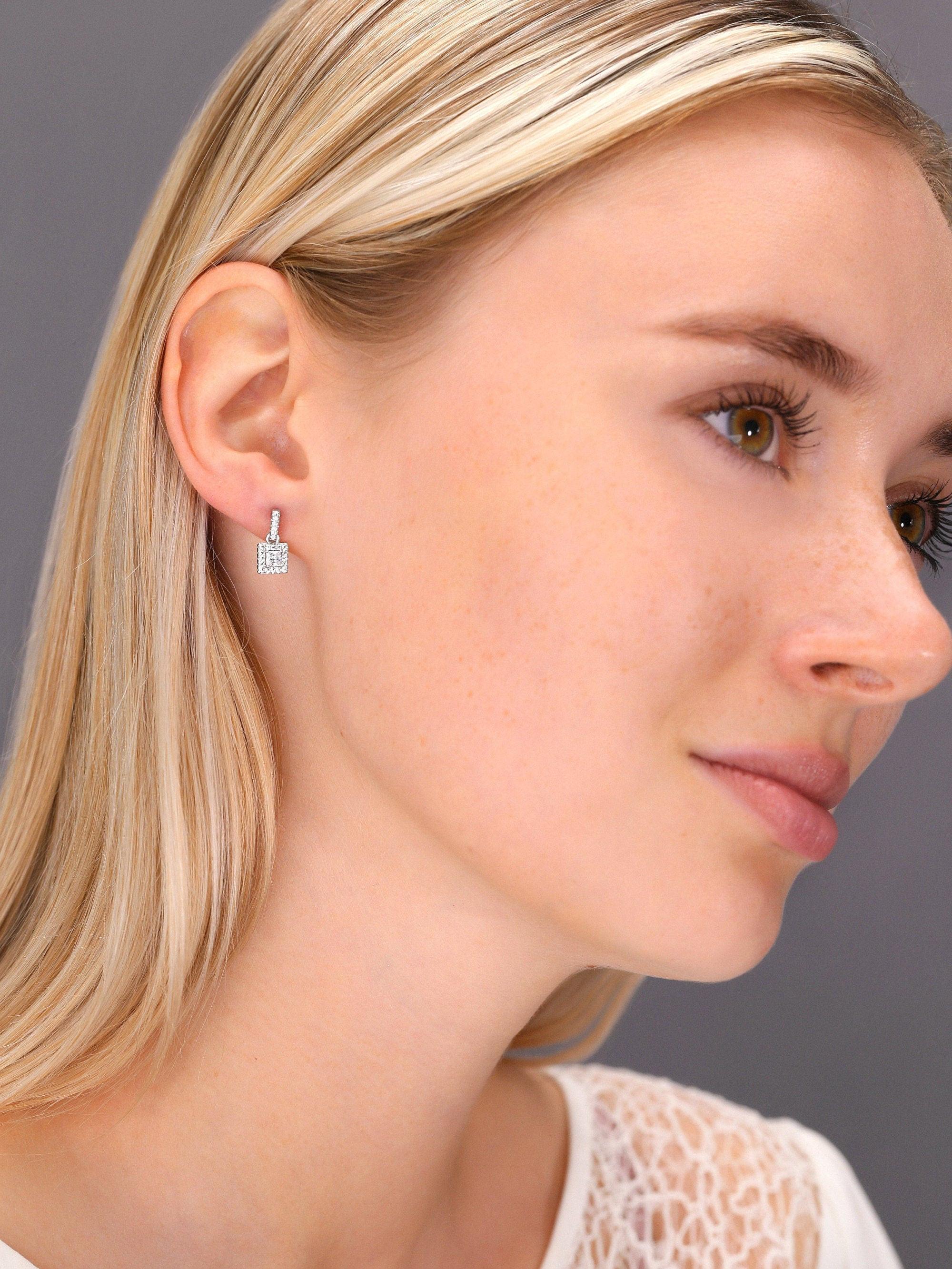 Elegant Sterling Silver CZ Square Princess Dangle Stud Earrings.