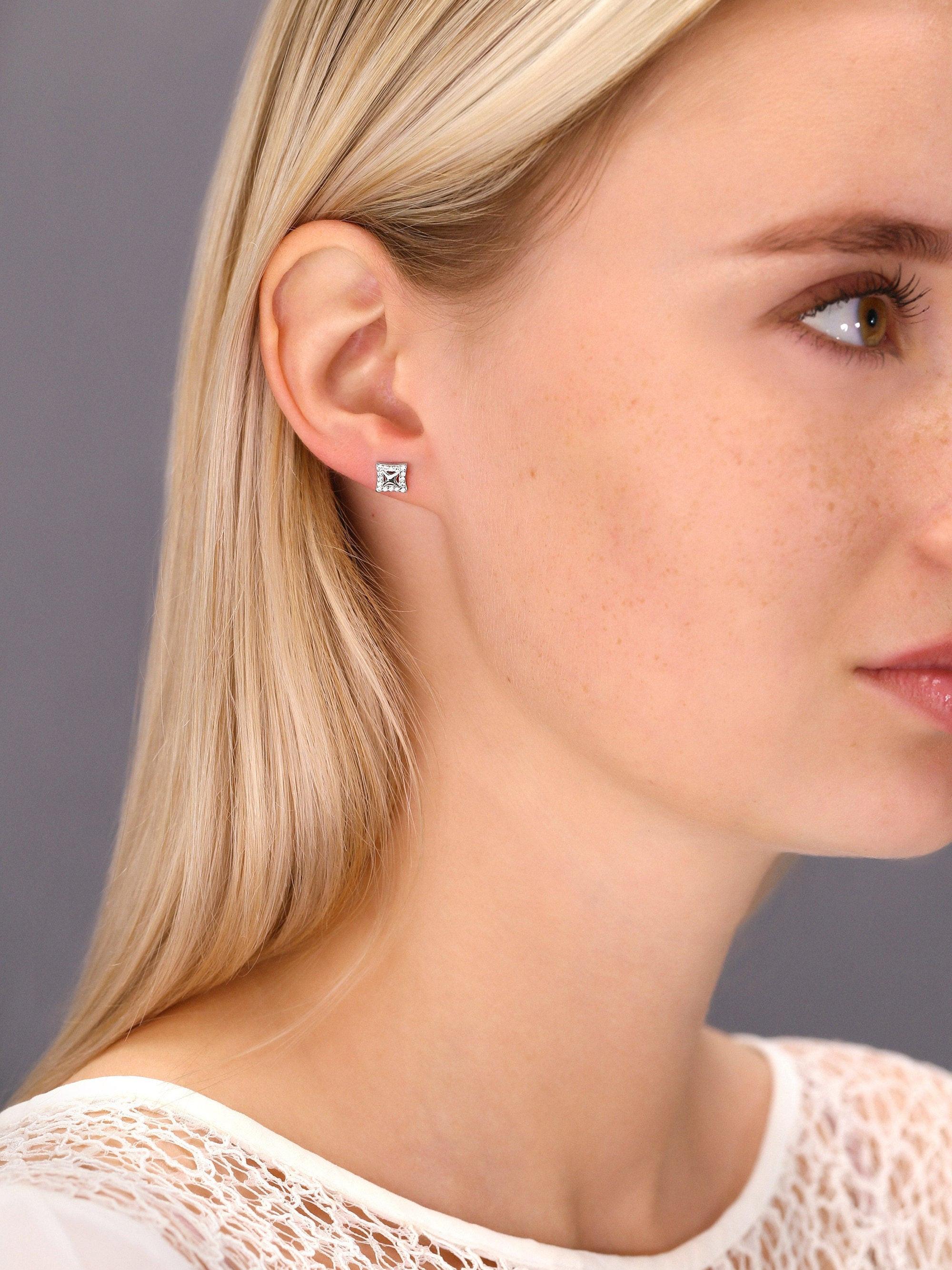 Stunning Sterling Silver CZ Square Halo Stud Earrings.