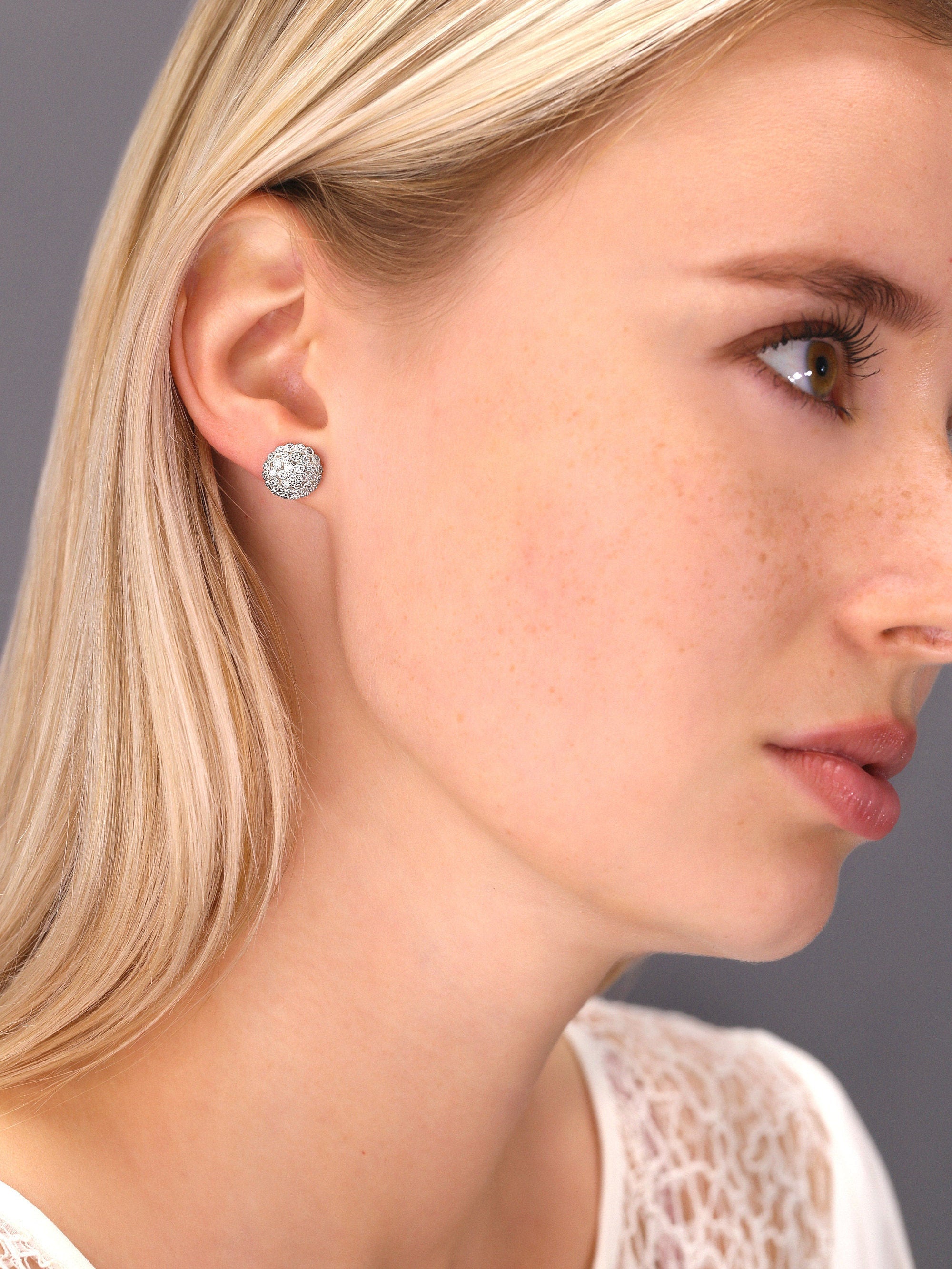 CZ Large Flower round Stud Earrings in Sterling Silver