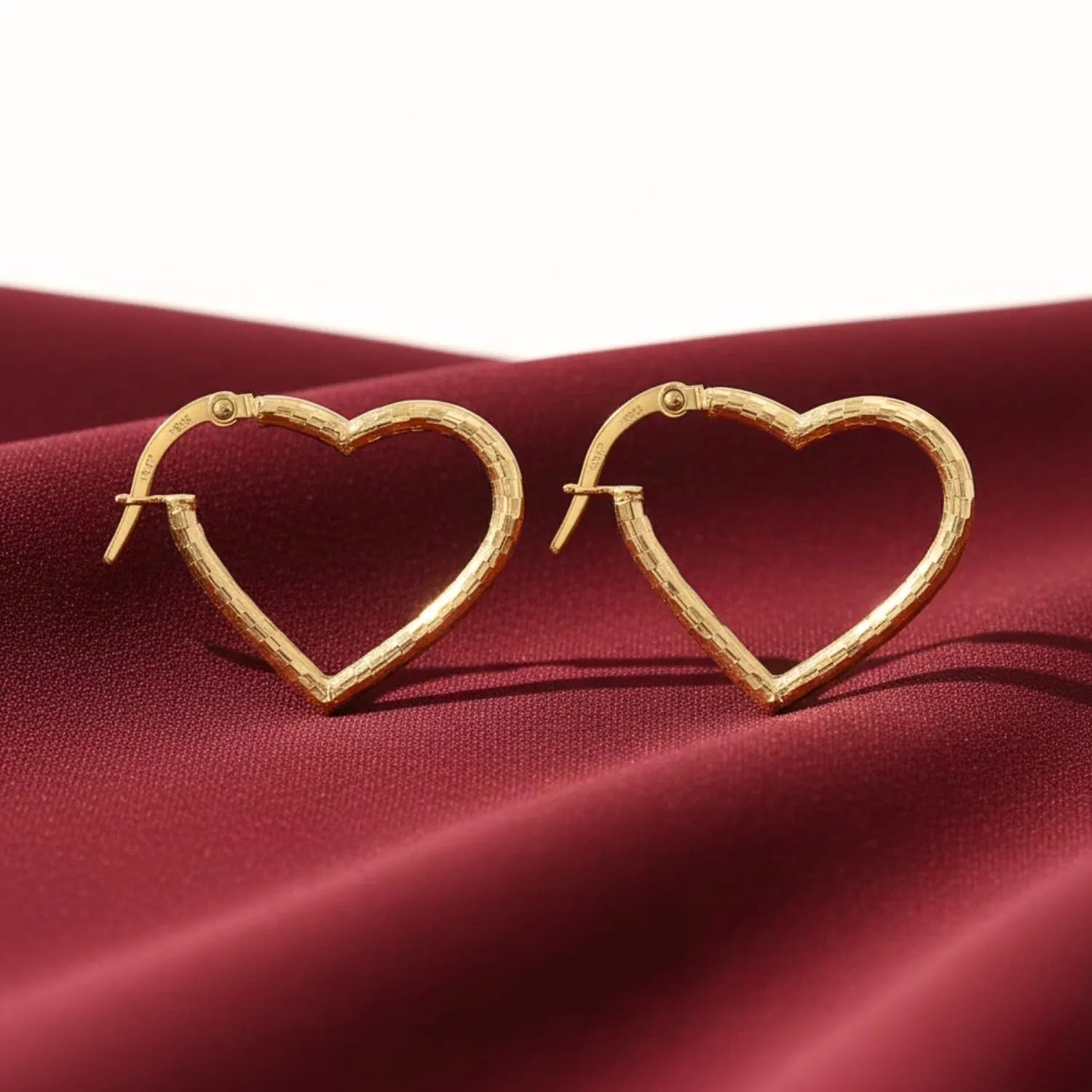 Solid 10K Yellow Gold Heart Shape Hoop Earrings, with Secure Lever Backs, Diamond-Cut Pattern, Italian Style Design, Made in Italy