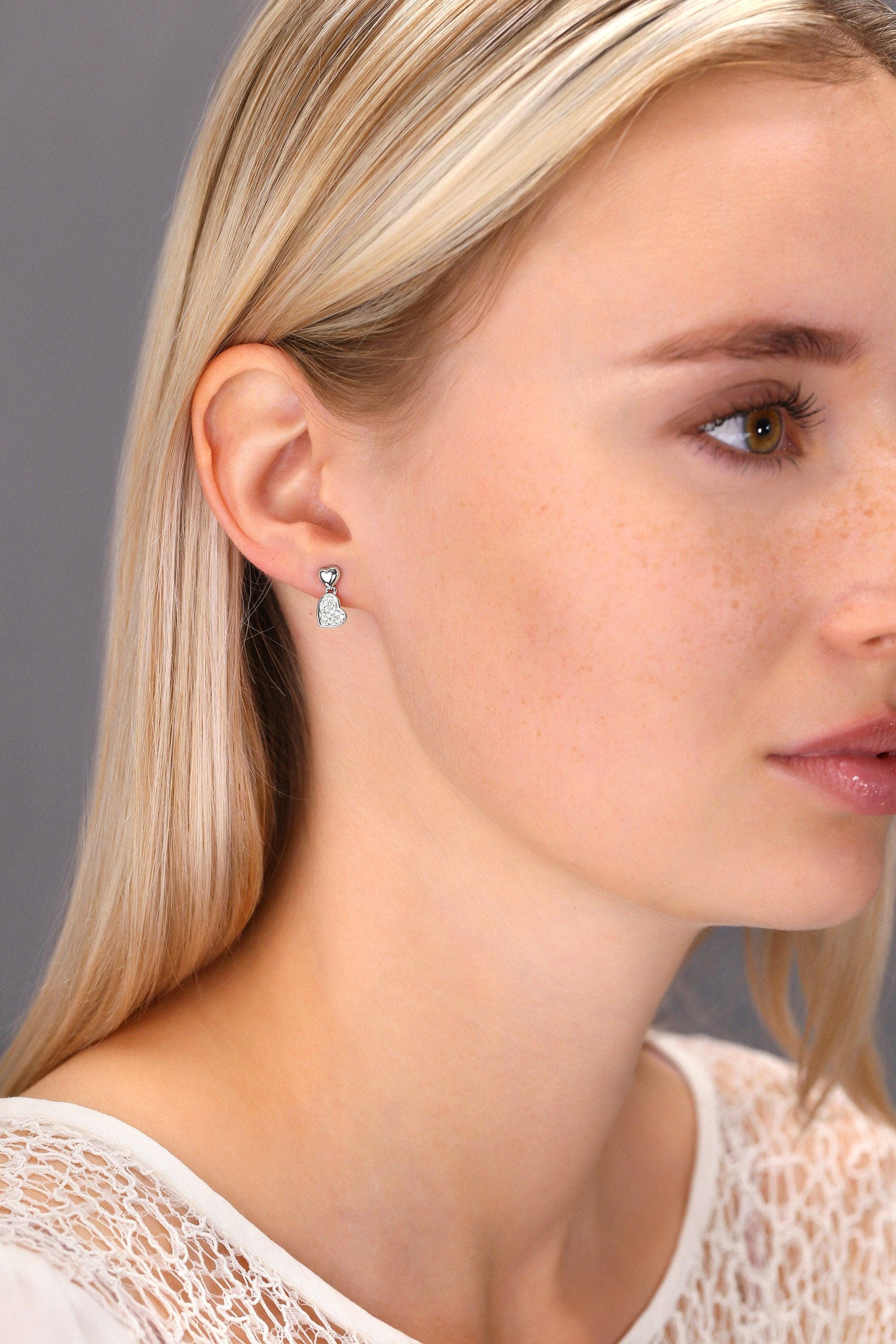 Stunning CZ Double Heart Dangle Stud Earrings in Elegant Sterling Silver.
