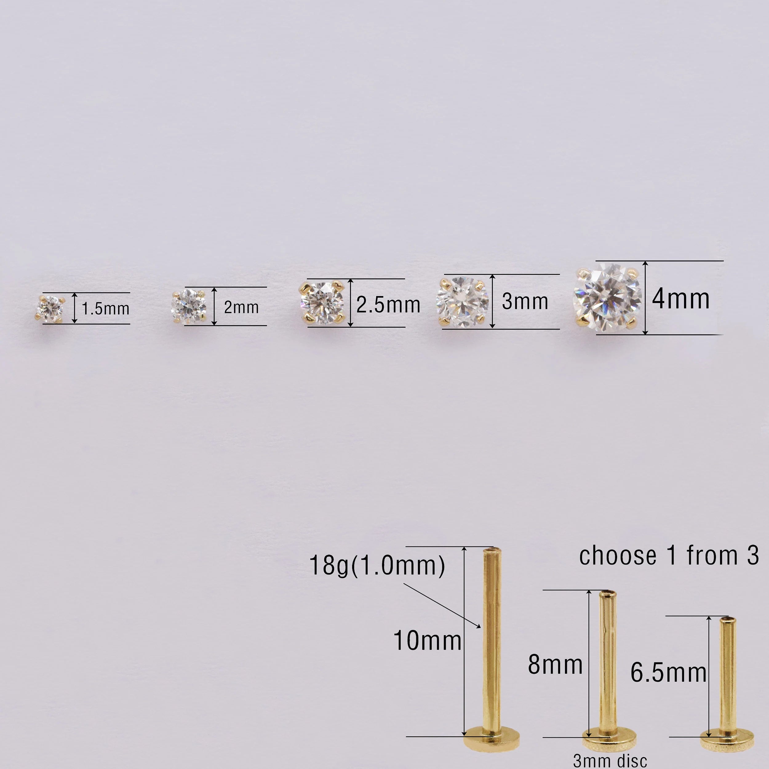 14K Solid Gold Solitaire Diamond Cartilage Earring Labret Flat Back Moissanite Tragus Internal Threaded Helix Piercing Conch Nose Stud