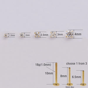 14K Solid Gold Solitaire Diamond Cartilage Earring Labret Flat Back Moissanite Tragus Internal Threaded Helix Piercing Conch Nose Stud