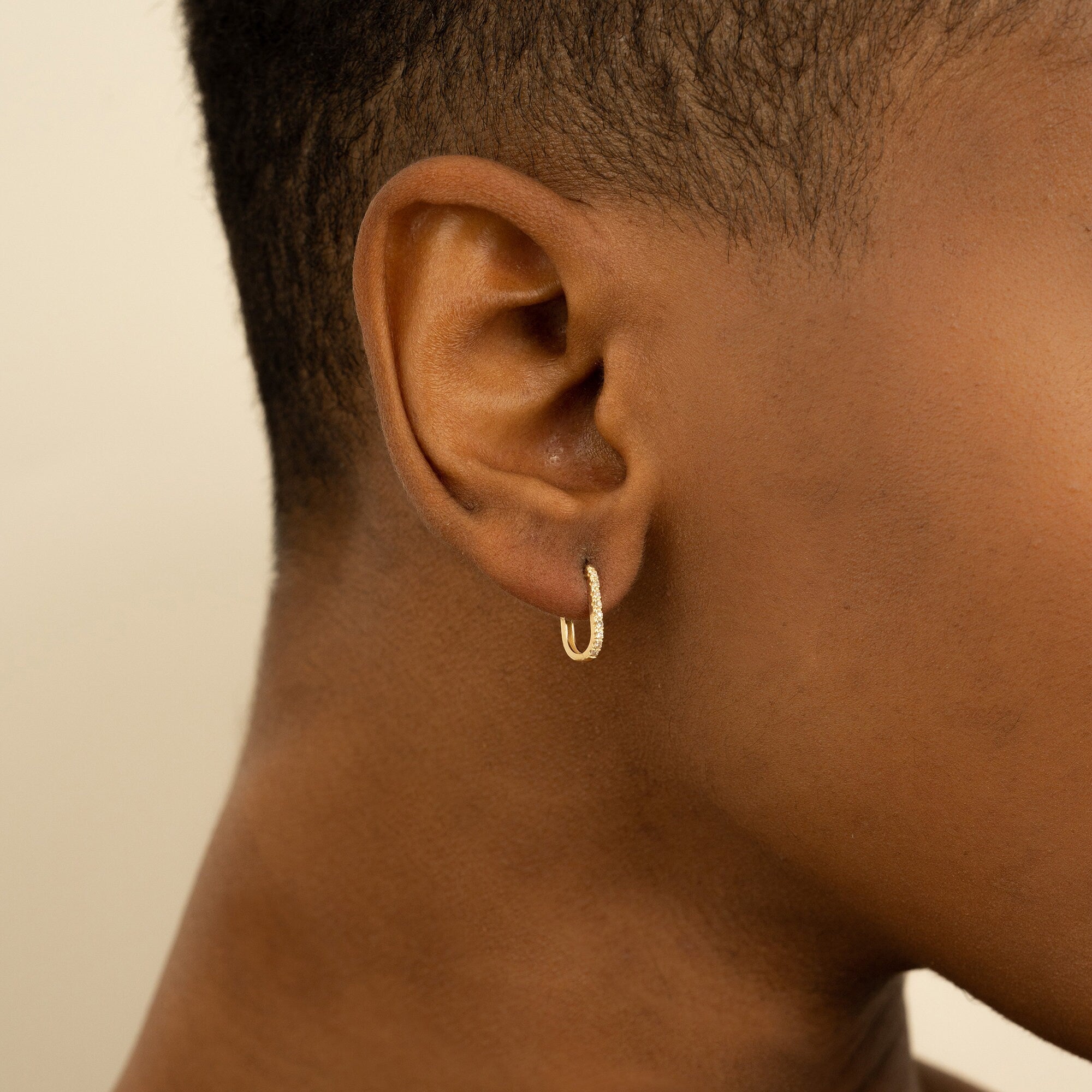 14K Gold Diamond Huggie Earrings, Micro Pave U-Hoop