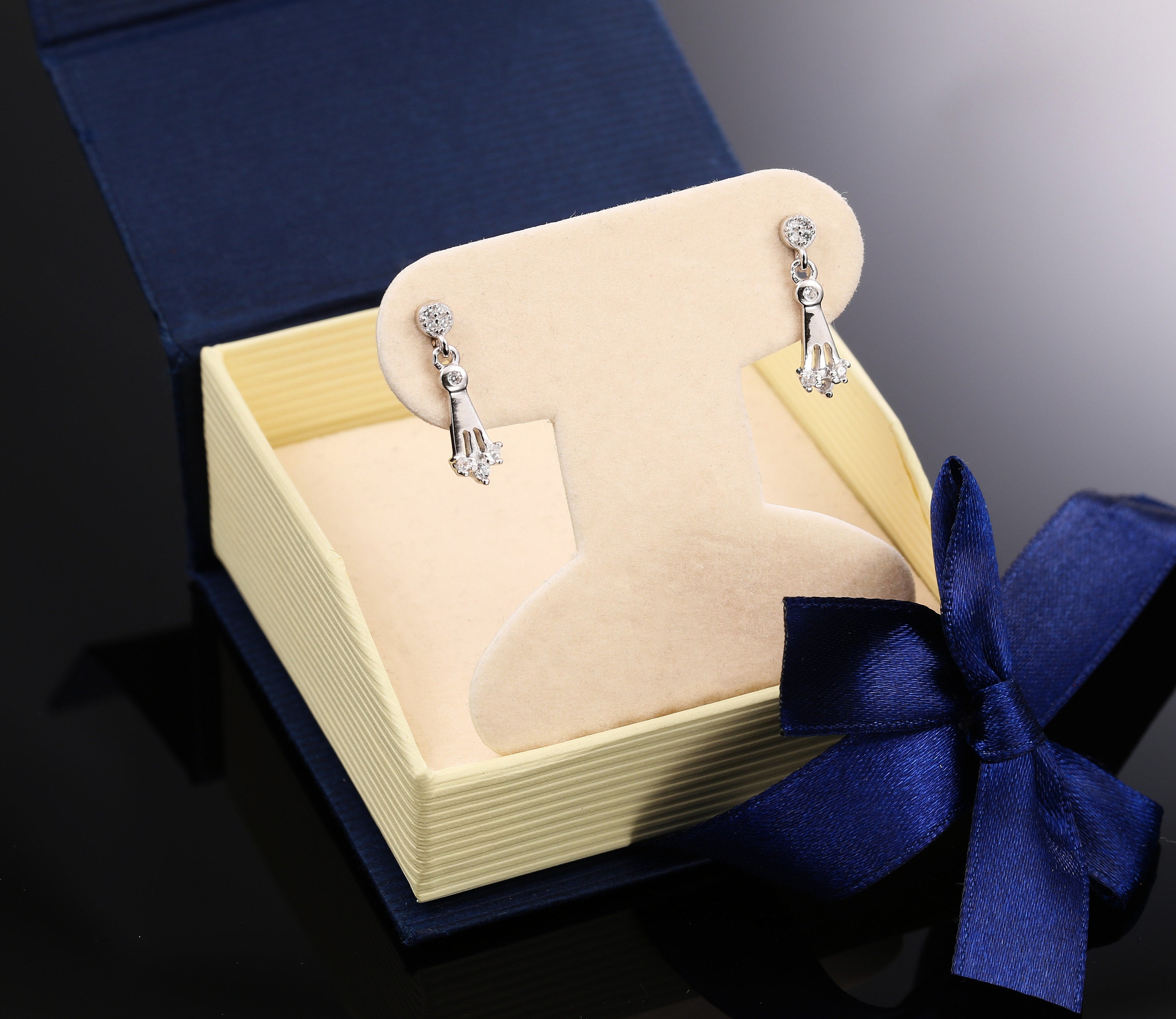 CZ Dangle Stud Earrings, Three Spoke in Sterling Silver