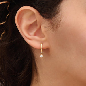 14K Solid Gold Diamond Drop Hoop Earrings, Dainty Bezel Diamond Charm Hoops, Huggie Drop Earrings for Women, Luxury Bridal Jewelry