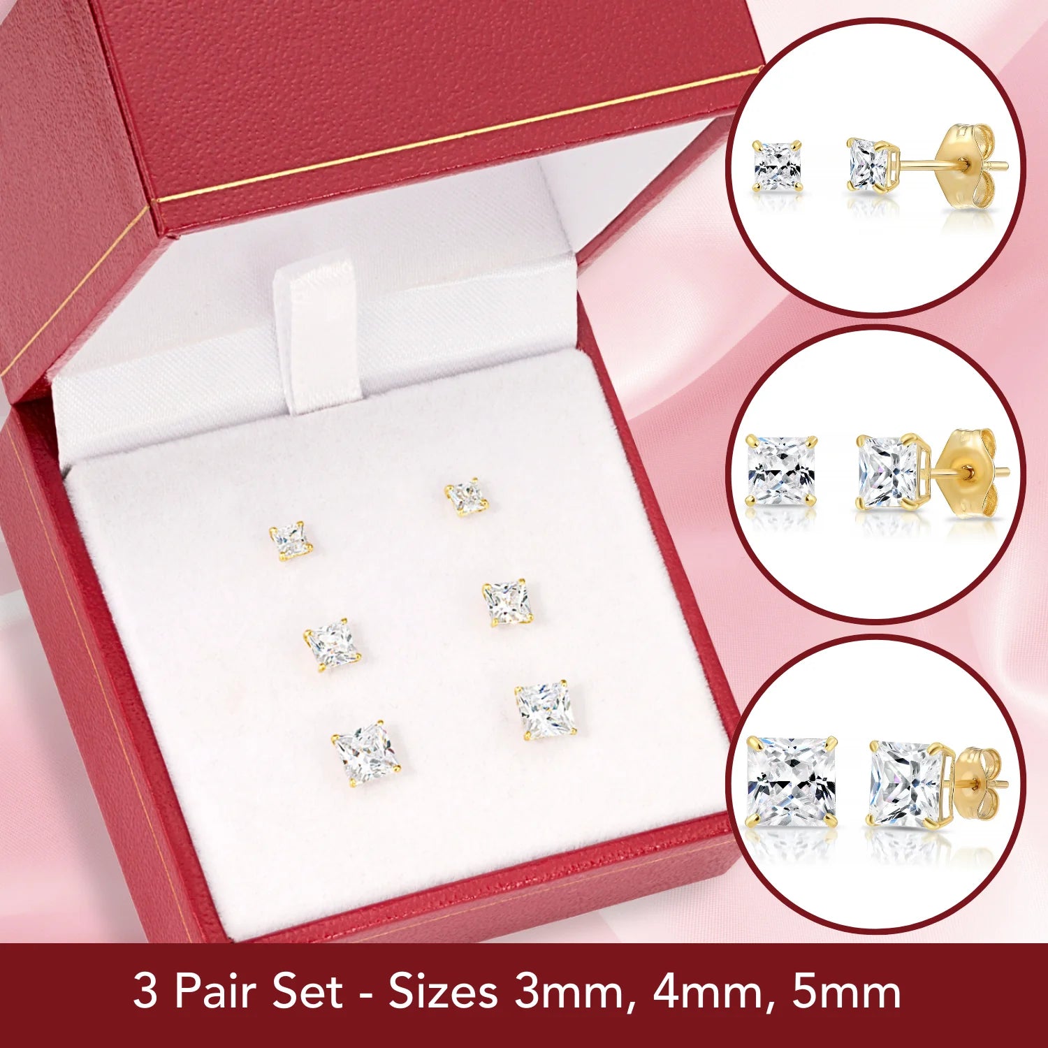 Bundle SET of 3! 14K Solid Gold Earrings, Square CZ Studs Sizes 3Mm, 4Mm, 5Mm, with Pushbacks