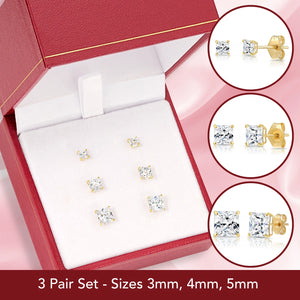 Bundle SET of 3! 14K Solid Gold Earrings, Square CZ Studs Sizes 3Mm, 4Mm, 5Mm, with Pushbacks