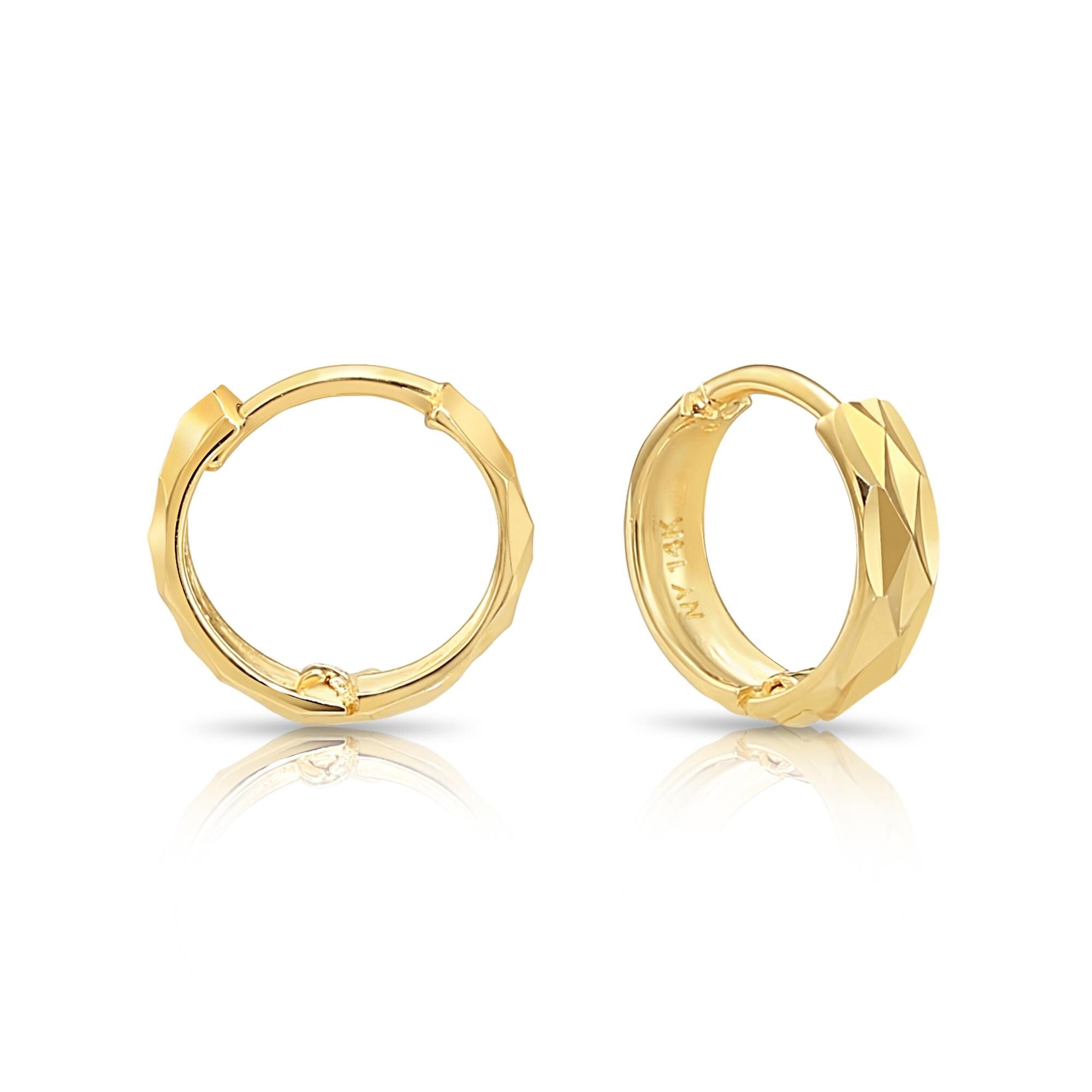 14K Gold Hand Engraved Huggies, Dainty 10Mm Minimalist Gold Earrings, Available in 14K Yellow or White Gold, Handmade by TILO Jewelry
