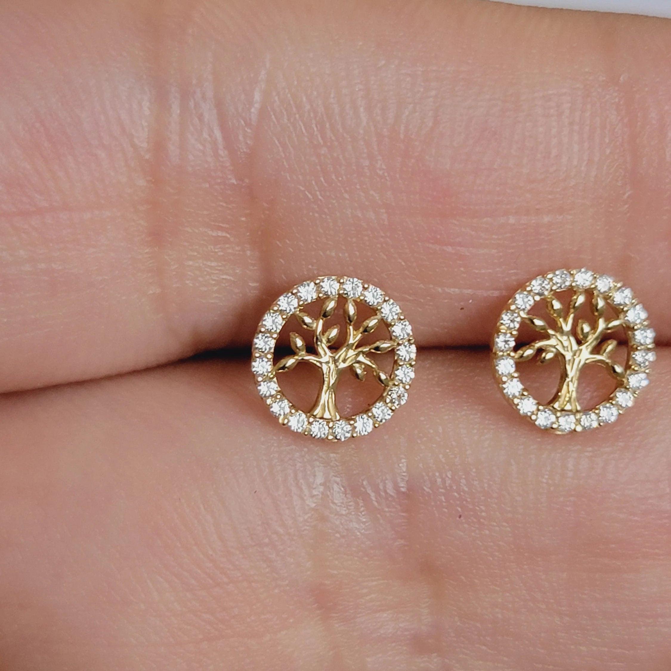 14K Gold Diamond Tree of Life Earrings – Elegant and Meaningful Studs for Everyday Luxury and Special Occasions.