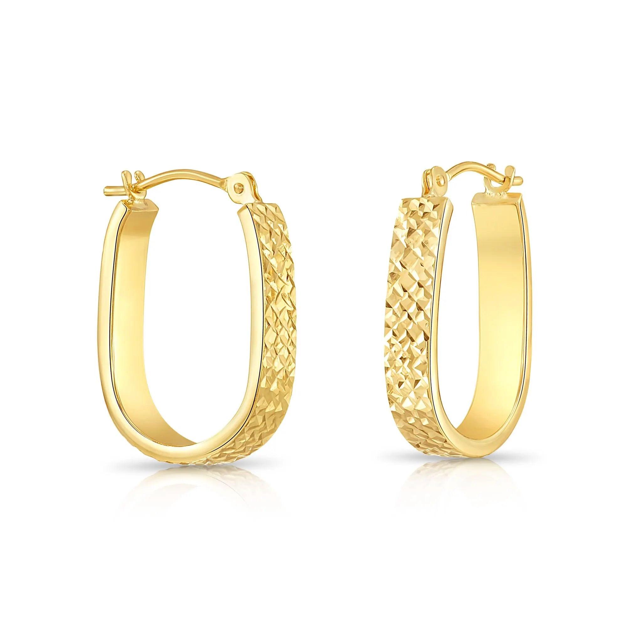 Stunning 14K Gold Diamond-Cut Oval Hoop Earrings with Hand Engraved Design - Luxurious U-Shape Hoops.