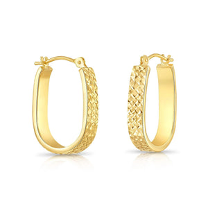 Stunning 14K Gold Diamond-Cut Oval Hoop Earrings with Hand Engraved Design - Luxurious U-Shape Hoops.