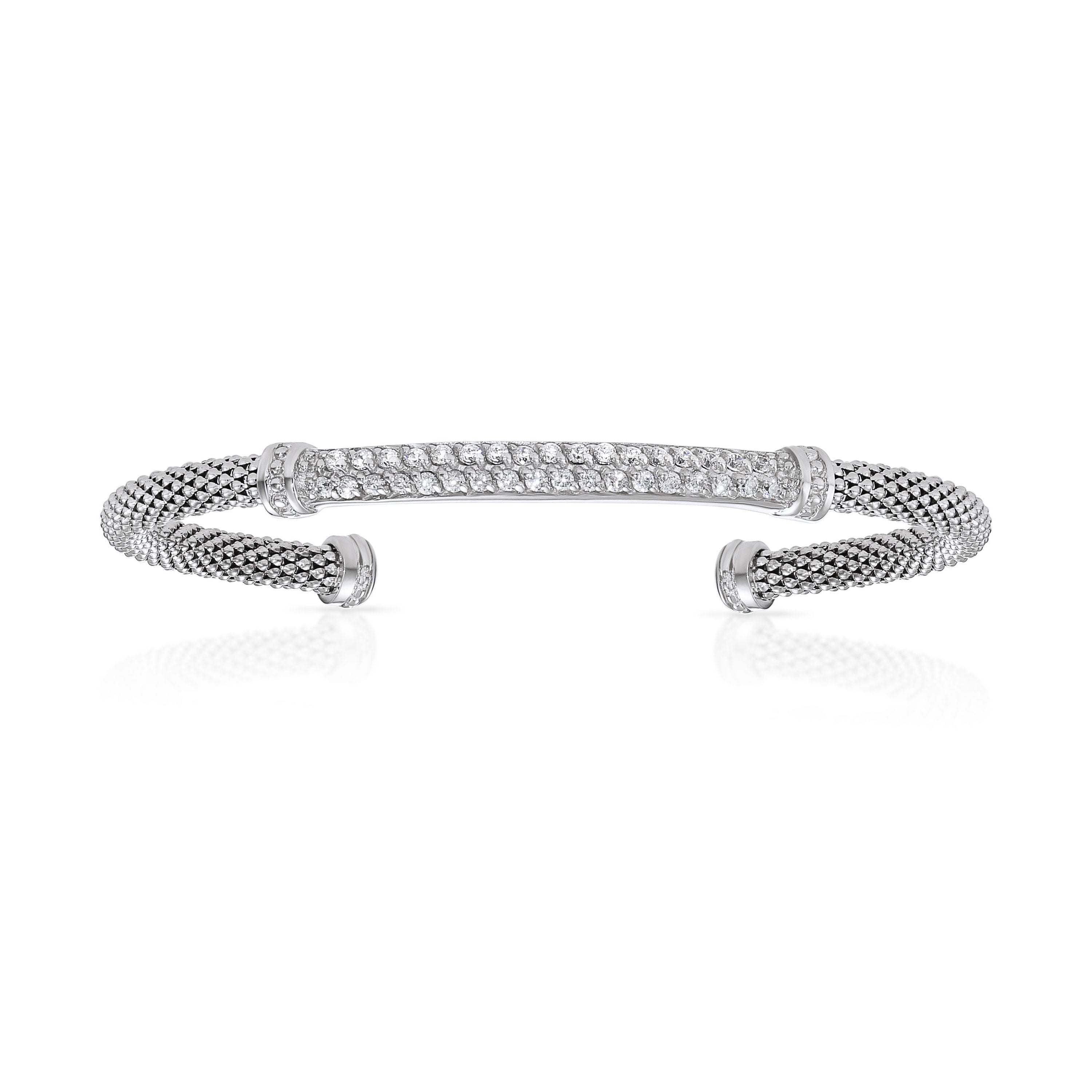 Sterling Silver Simulated Diamond Bar Cuff Italian Bracelet, Fits 7In-8In