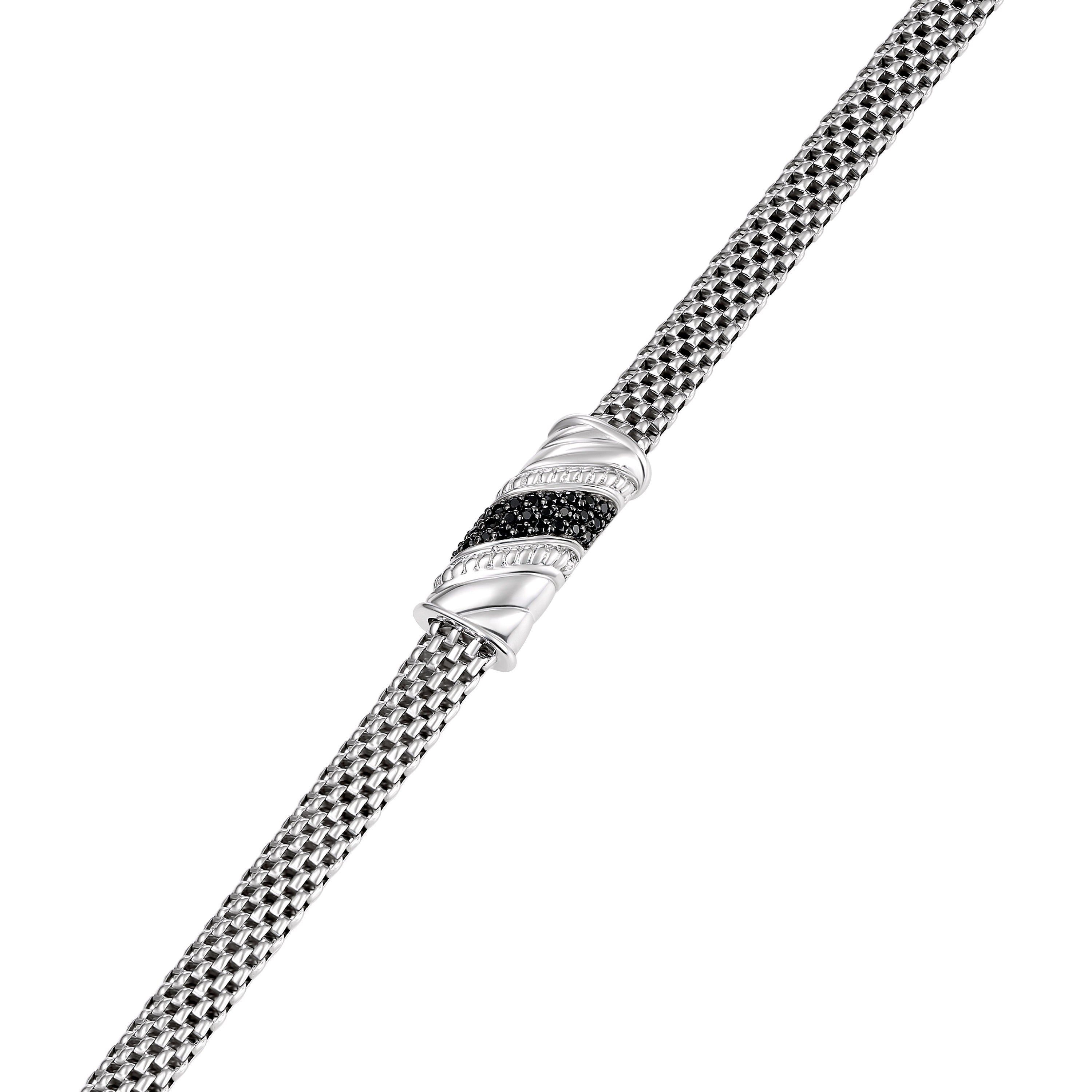 Sterling Silver Twisted Italian CZ Bar Bracelet with Black Stones, 7.5"