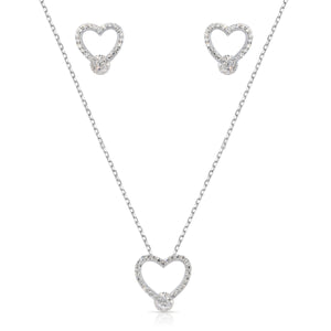 CZ Gravity Halo Heart Charm Necklace and Gravity Halo Heart Pushback Studs Set in Sterling Silver