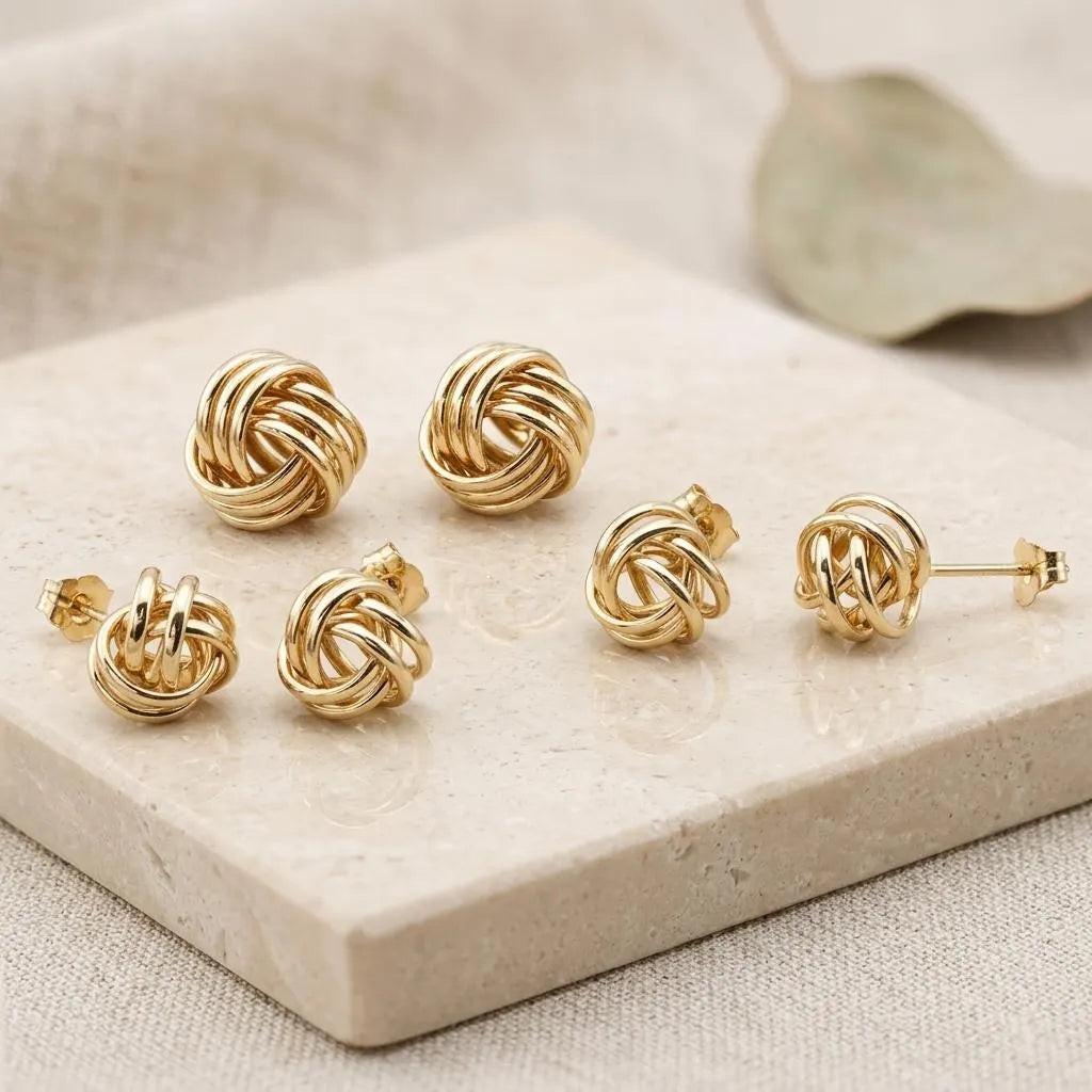 14K Gold Love Knot Push-Back Stud Earrings – 7mm, 9mm, 11mm for Friendship & Unity.