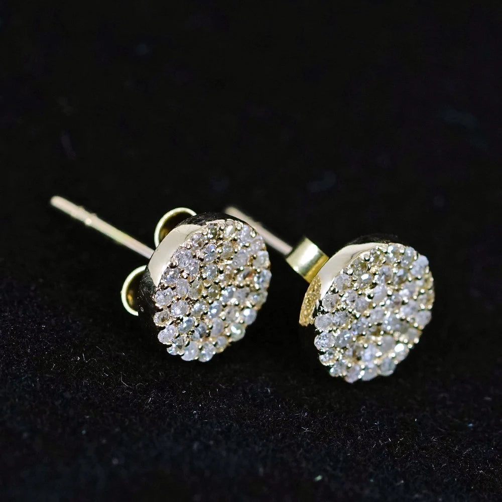 Pave Diamond 8MM Disc round Stud Earrings Solid 14K Yellow Gold Fine Jewelry Gift for Her Minimalist Earrings Pushback Jewelry New