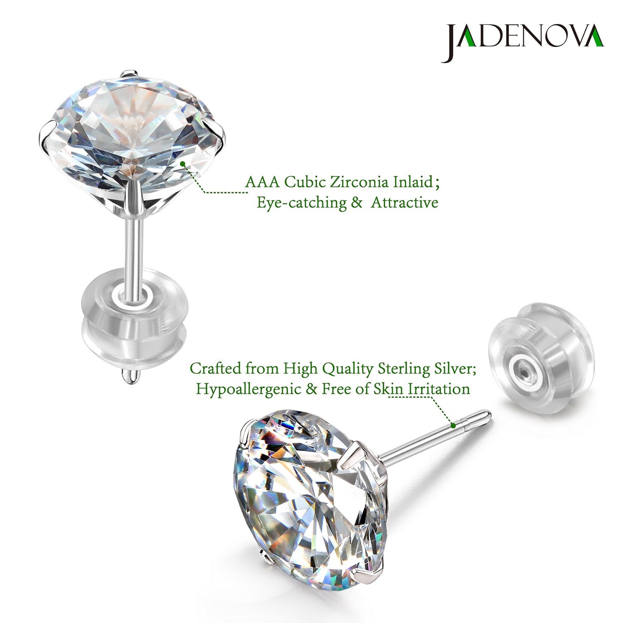 925 Sterling Silver Clear round Cubic Zirconia Stud Earrings 4 Prong Setting 3Mm 4Mm 5Mm 6Mm 7Mm 8Mm Tiny Large CZ Earrings