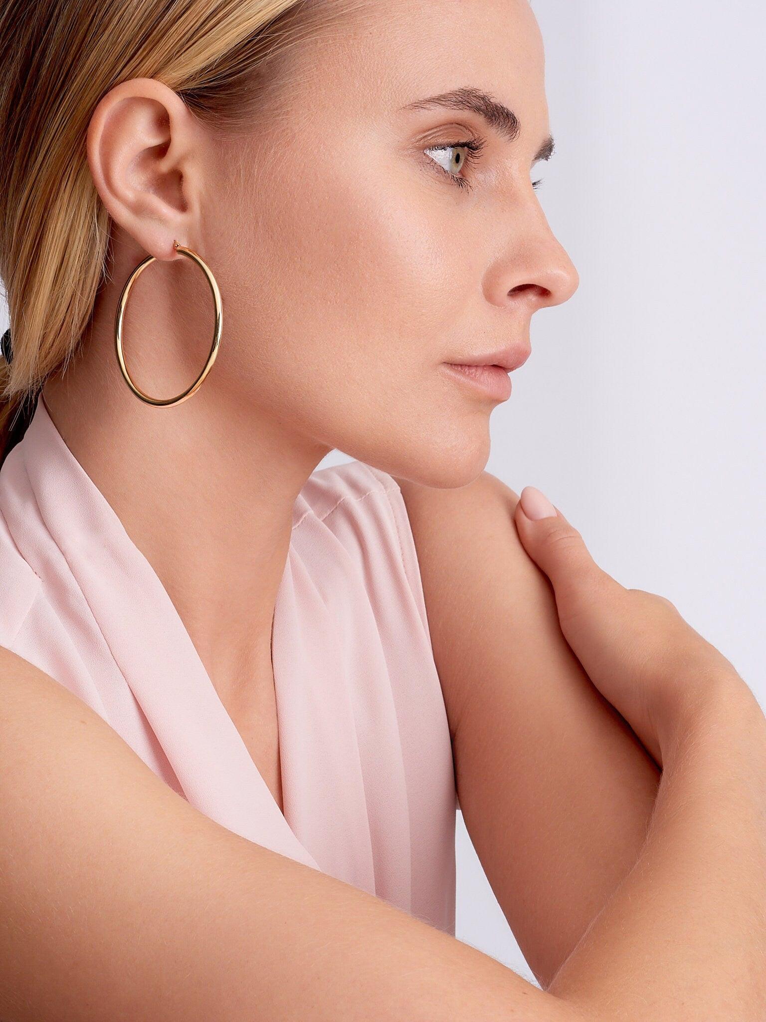 Elegant 14K Solid Gold 65mm Thin Lightweight Hoop Earrings - Perfect for Any Occasion!.