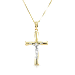 Stunning 14K Two-Tone Gold Jesus Crucifix Pendant Necklace with 18" Cable Chain.