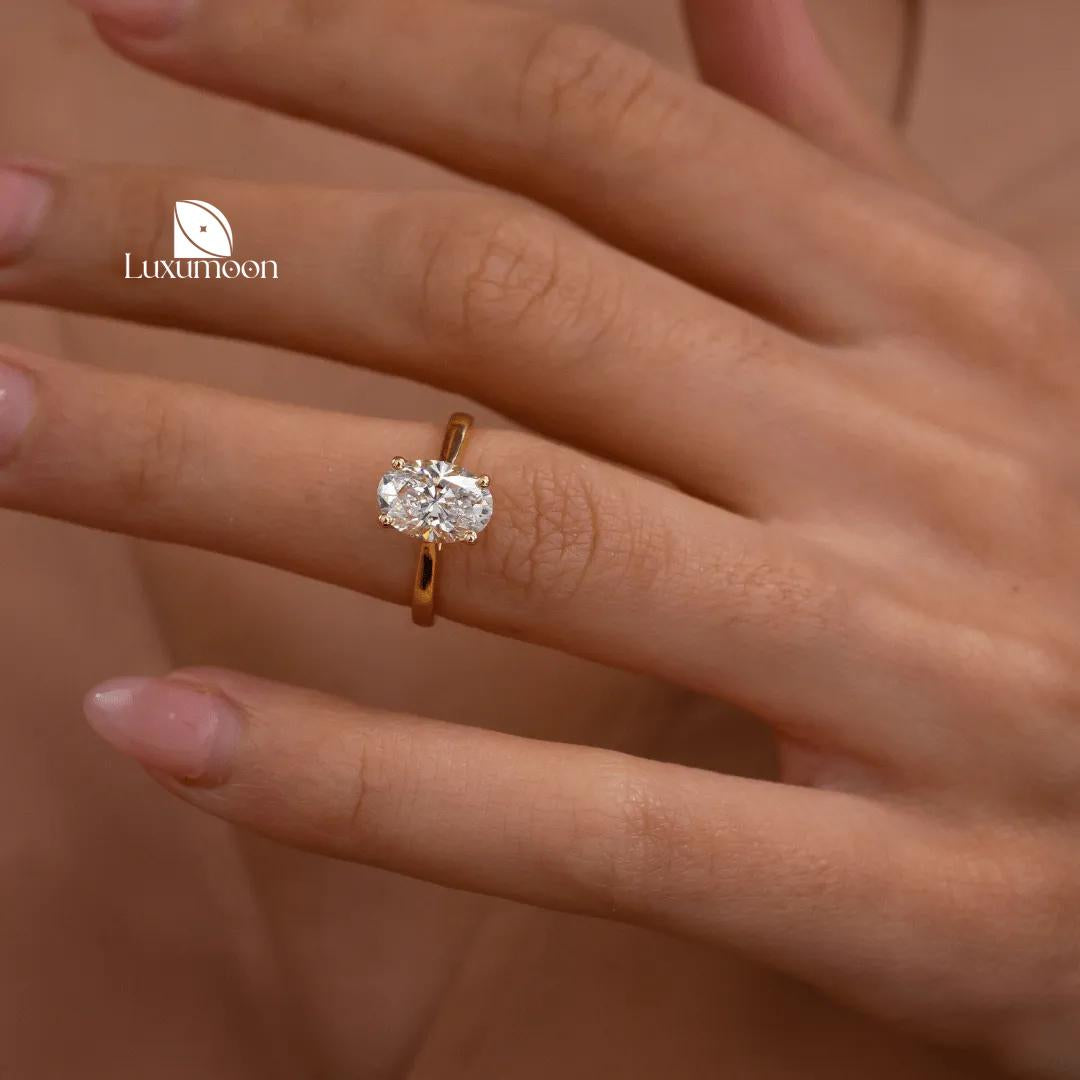 Oval Lab Grown Diamond Engagement Ring: 14K Solid Gold Solitaire