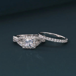 925 Sterling Silver Engagement Ring Set, 2 Carat Total, Princess Square-Cut Cubic Zirconia Ring with Halo Setting, Two Tier Stackable Ring