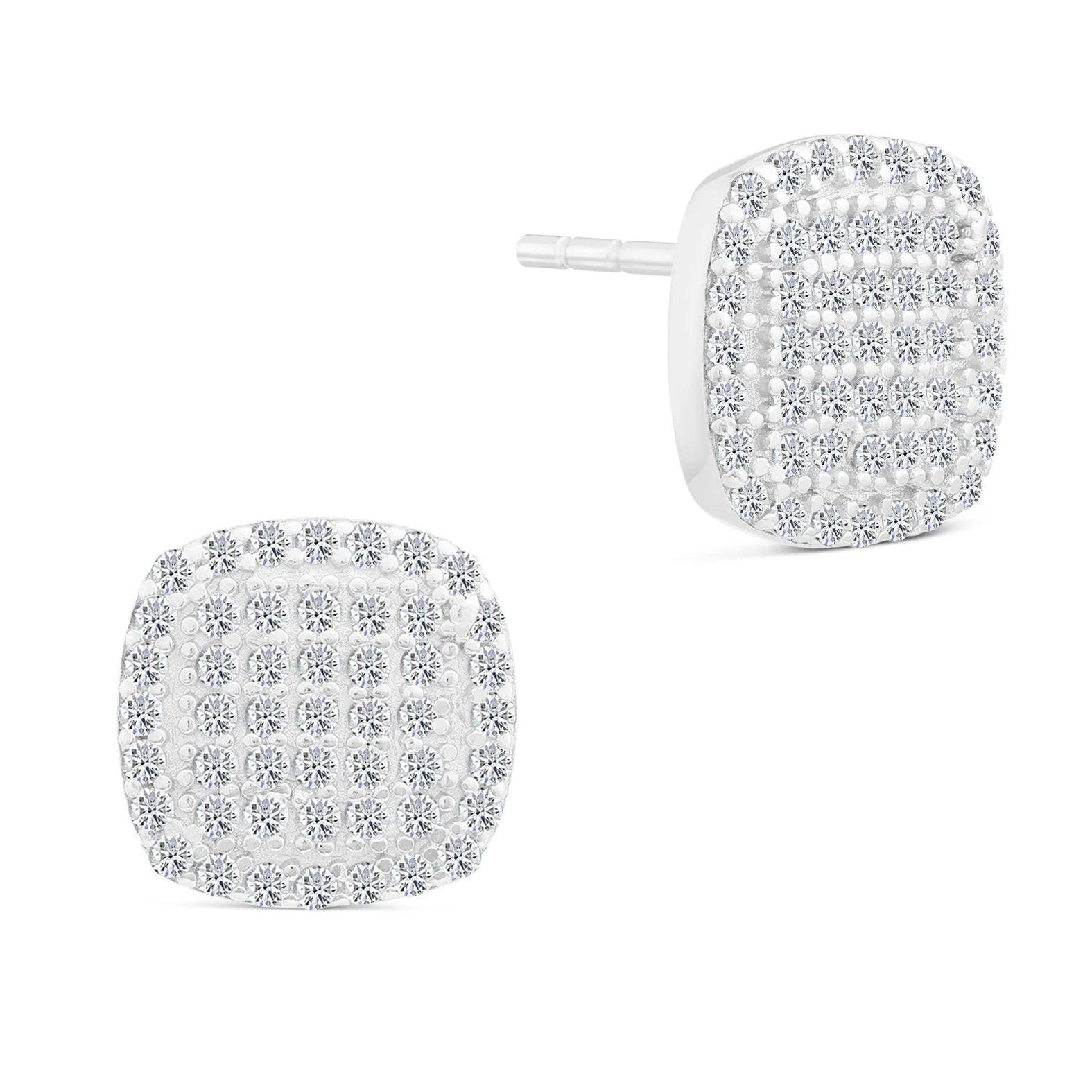 Sterling Silver CZ Pave Square Stud Earrings - Unisex Elegance.