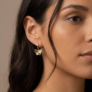 Dainty 14K Solid Gold Butterfly Huggie Hoop Earrings for Women.