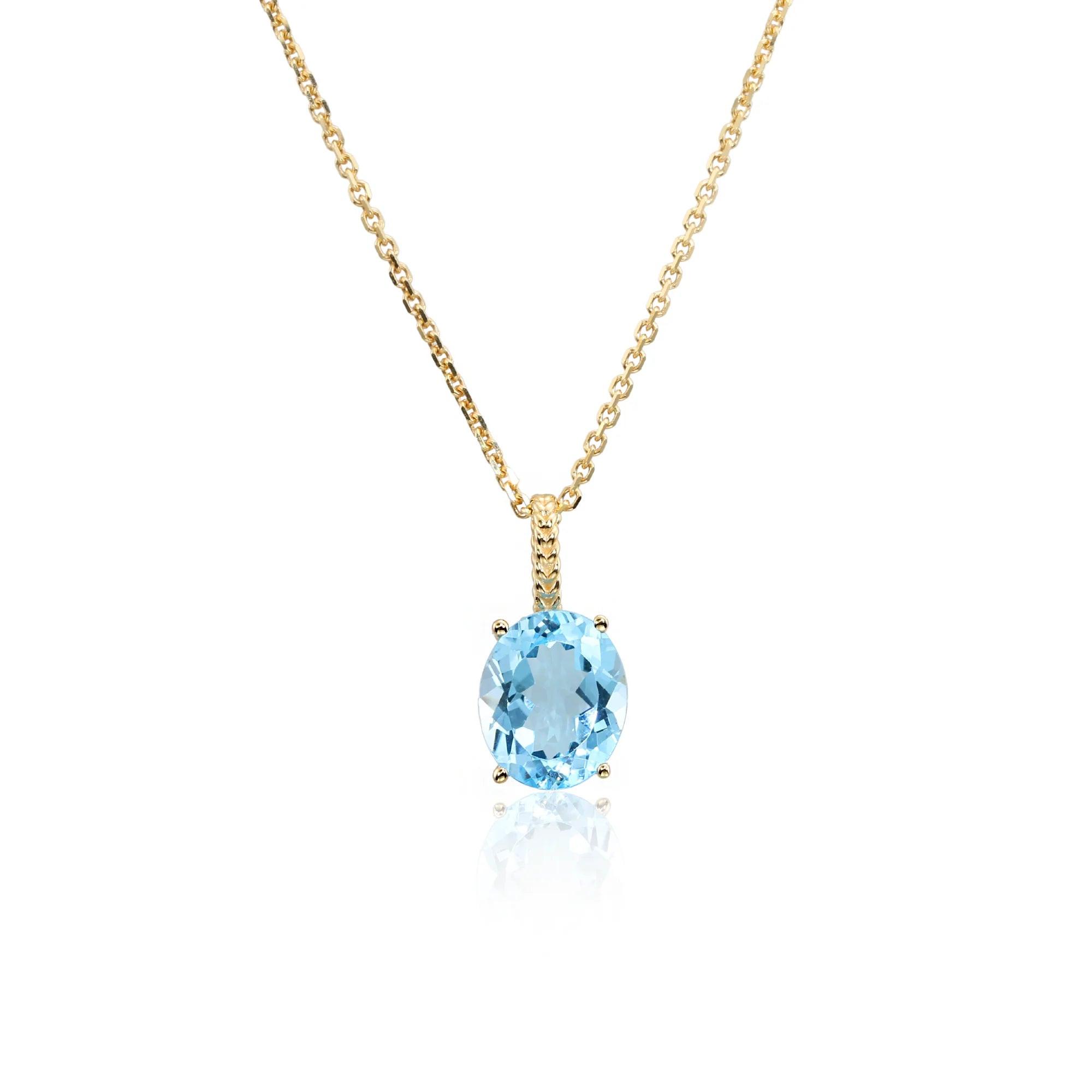 Radiant 14K Yellow Gold Necklace with 6 Carat Oval Blue Topaz Pendant.