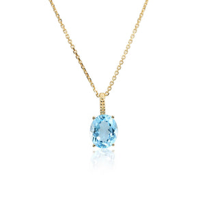 Radiant 14K Yellow Gold Necklace with 6 Carat Oval Blue Topaz Pendant.