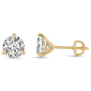 14K Yellow Gold Brilliant-Cut Lab Diamond Studs, Classic Martini 3-Prong Setting, Screwback