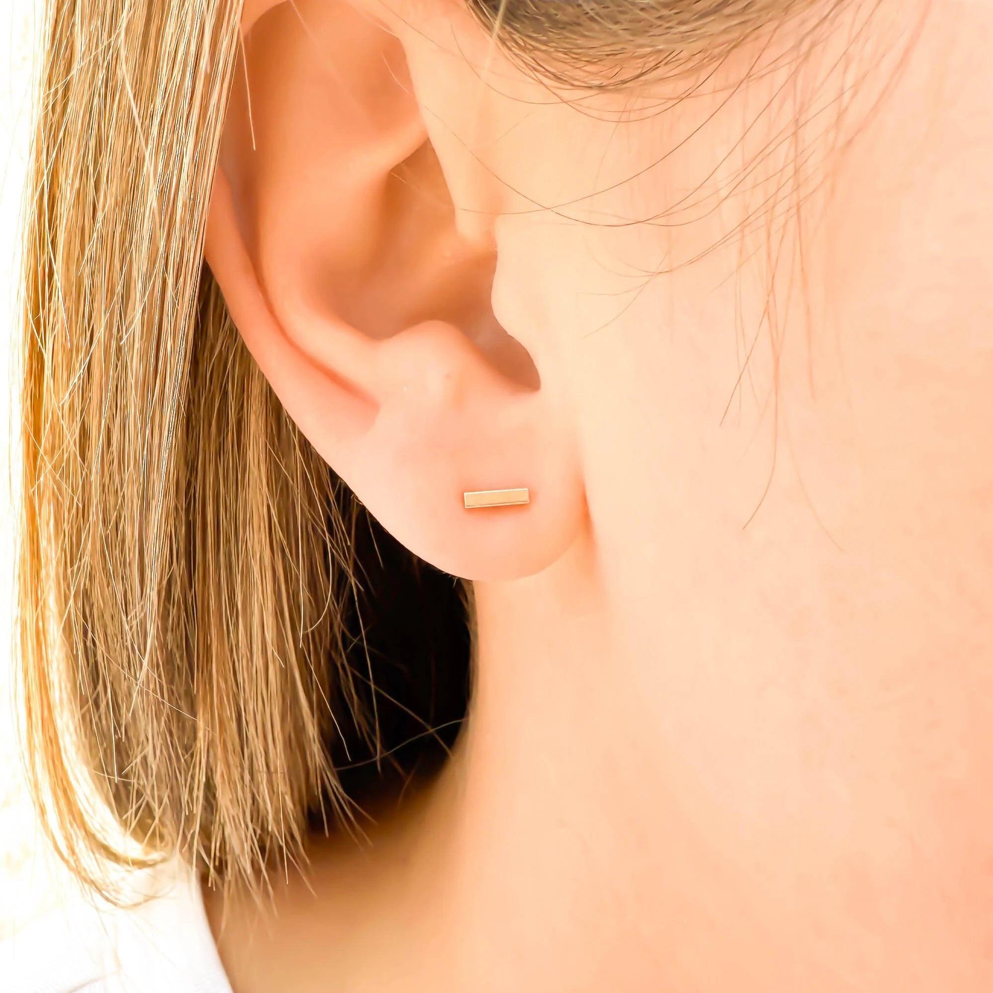 Stunning 14K Solid Gold Bar Stud Earrings - Dainty Matte Minimalist Design, Available as Single or Pair.