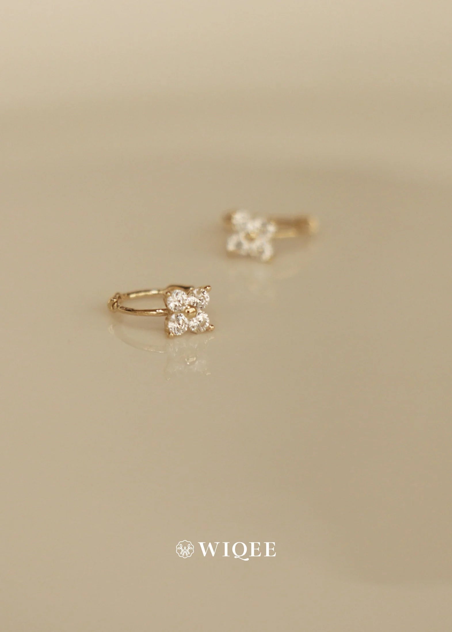 9K Solid Gold Flower Hoop Earrings, CZ Diamond Huggie Earrings