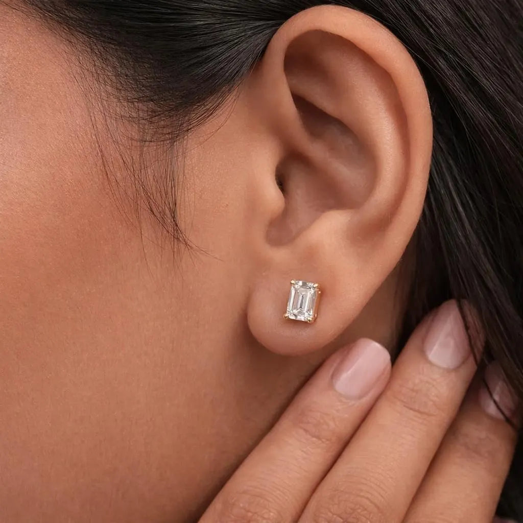 2Ct Emerald Cut Diamond Earrings, Solitaire Emerald Cut Moissanite Earrings, Everyday Diamond Earrings, Emerald Diamond Studs,Gift for Women