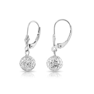 Stunning 14K White Gold Hand Engraved Diamond-Cut Round Ball Dangle Earrings with Secure French Leverbacks.