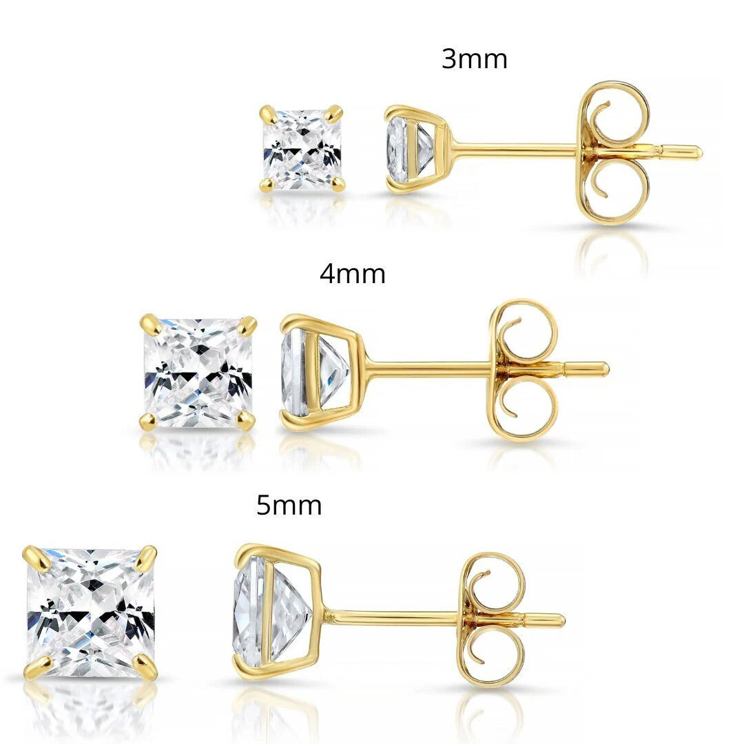 Bundle SET of 3! 14K Solid Gold Earrings, Square CZ Studs Sizes 3Mm, 4Mm, 5Mm, with Pushbacks