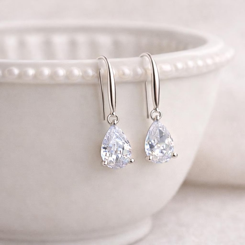 Teardrop Crystal Earrings: Sterling Silver Hooks, CZ Diamond Simulation