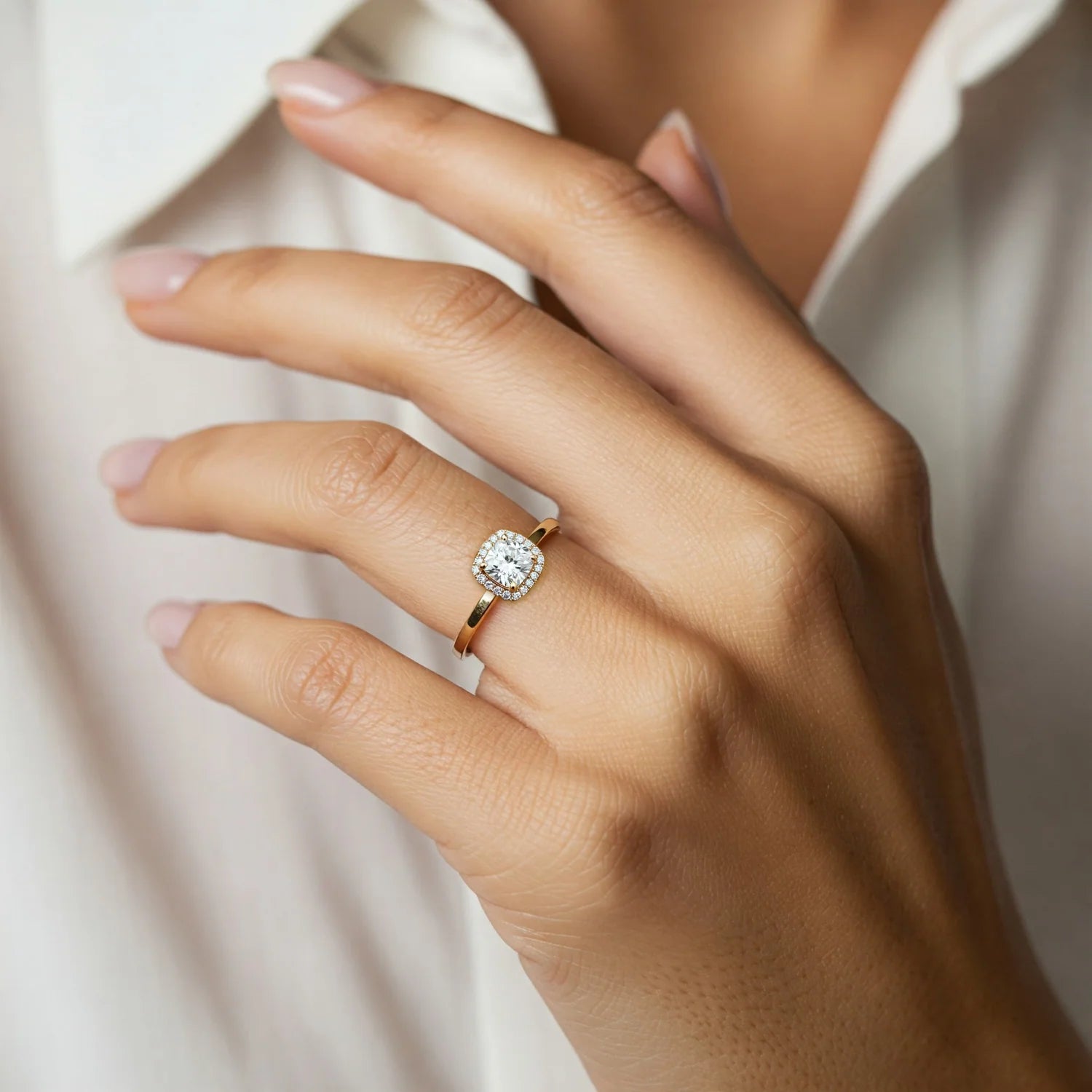 14K Yellow Gold Cushion-Cut Halo 1 Carat Engagement Ring