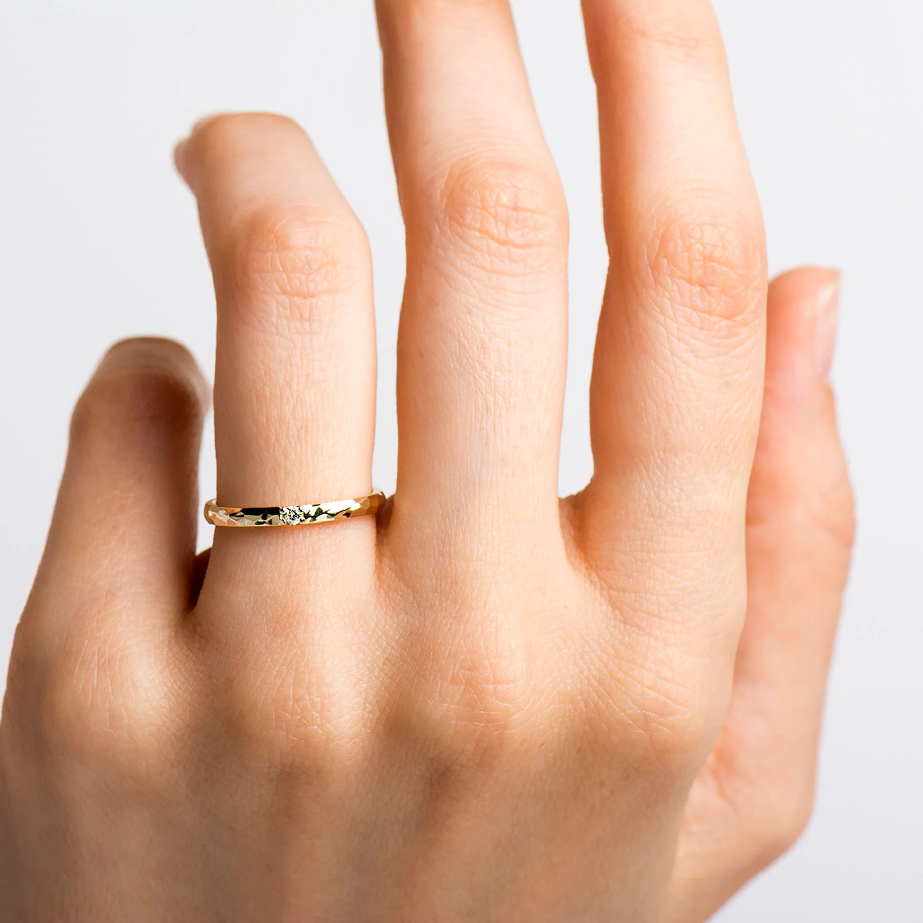 2 Mm Hammered Textured Ring, Single Diamond Ring, 14K / 18K Yellow Gold, Stack Diamond Band, Tiny Diamond Ring, Wedding Band, Promise Ring