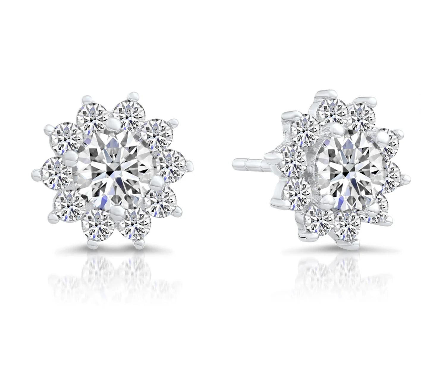 Stunning CZ Sunflower Halo Stud Earrings in Elegant Sterling Silver.