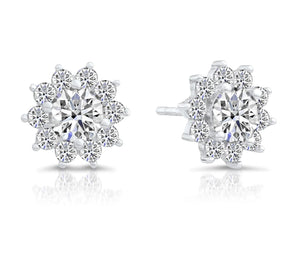 Stunning CZ Sunflower Halo Stud Earrings in Elegant Sterling Silver.