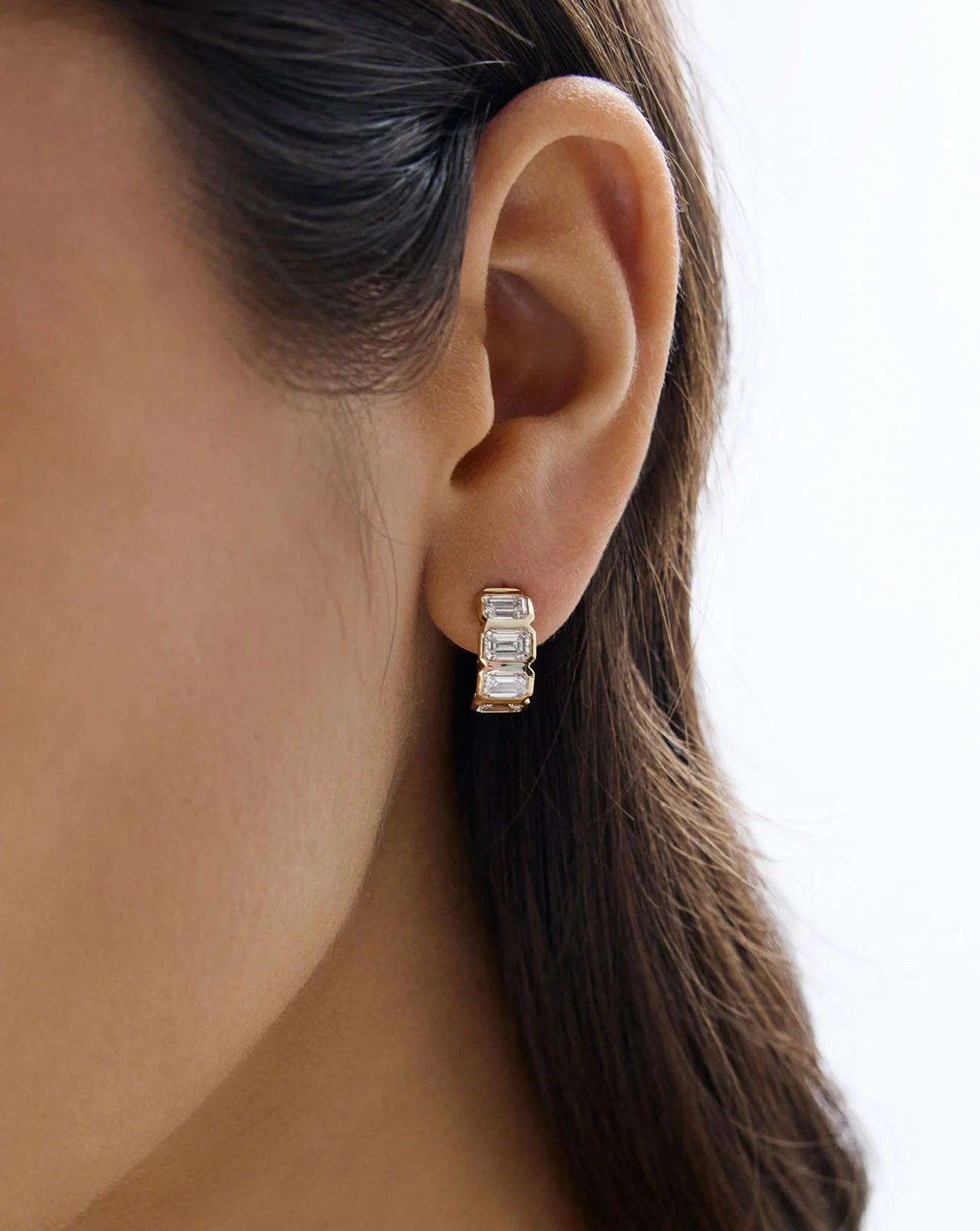 Stunning Bezel-Set Emerald Lab Diamond Huggie Earrings.