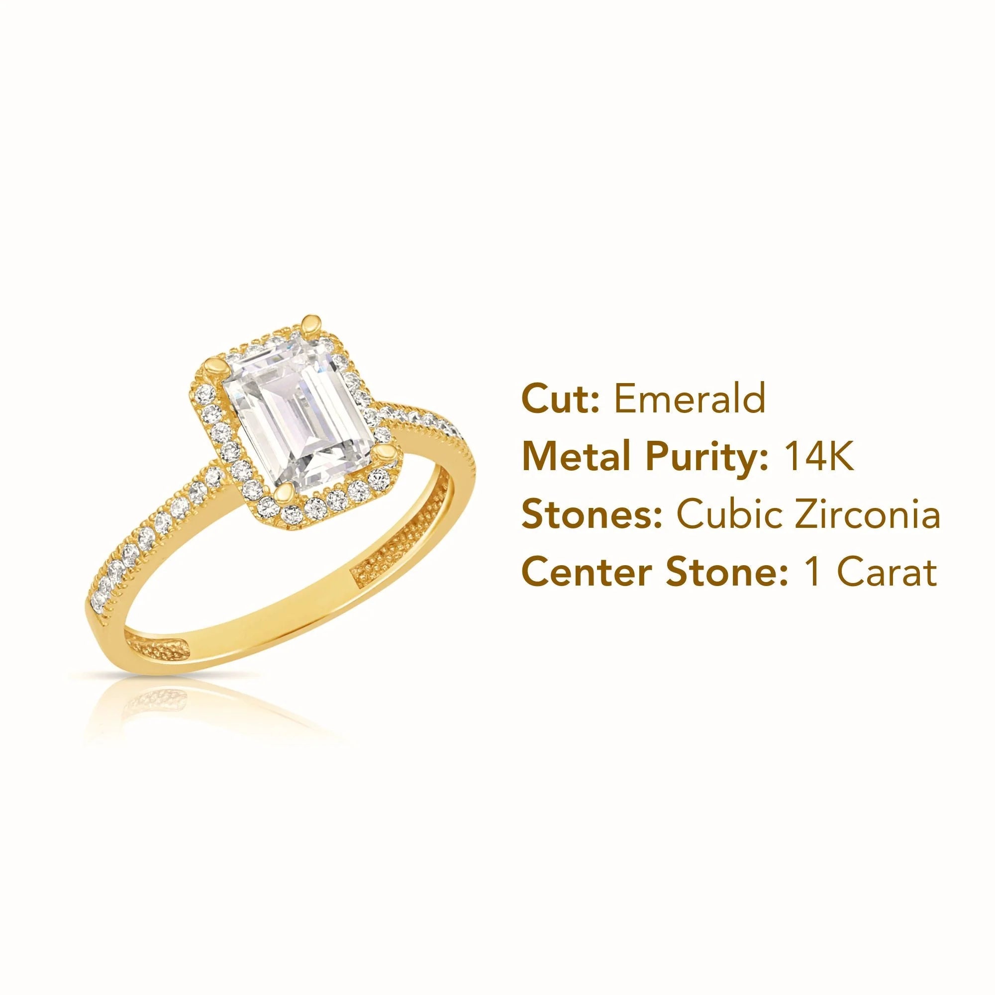 14K Yellow Gold Emerald-Cut Halo Engagement Ring with Side Stones