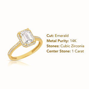 14K Yellow Gold Emerald-Cut Halo Engagement Ring with Side Stones