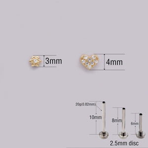 Dainty 14K Solid Gold Tiny Heart & Flower Flat Back Stud Earrings for Cartilage, Conch, Helix & Tragus.